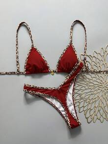 Swim Vcay Women's Red Halter Tie Back Bikini Set With Textured Animal Print And High Cut Bottom - Red - View 1
