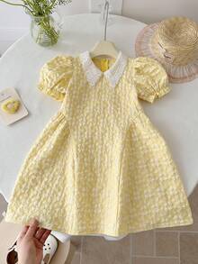 LMoss Kids Young Girl Woven Collared 3D Floral Puff Sleeve Casual Dress - Yellow - View 3