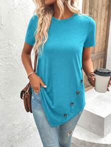 EMERY ROSE Women's Casual Solid Color Asymmetrical Hem T-Shirt, Summer - Blue - View 6