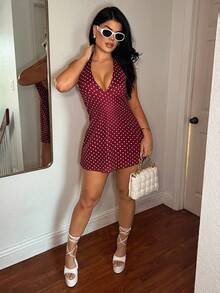 Dayanna Comas 浪漫波点V领女士迷你连衣裙，初秋 - 酒紅色 - 查看 3