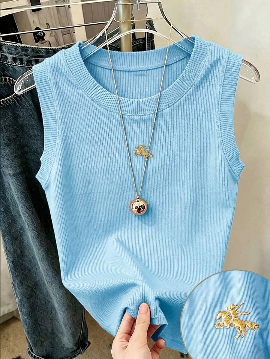 SHEIN LUNE 女款無袖刺繡休閒/上班上衣，白色背心上衣