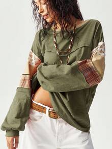 SHEIN BohoFeels Plus Size Women Patchwork Floral Plaid Print Round Neck Drop Shoulder Long Sleeve Casual Loose T-Shirt/Winter - Army Green - View 8