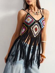 Bohemela 女士钩针镂空流苏吊带背心，适合海滩度假 - 彩色 - 查看 2