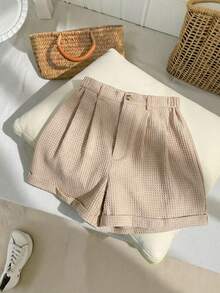 SHEIN LMoss Kids Solid Color Pleated Casual Straight Shorts For Tween Girls - Khaki - View 3