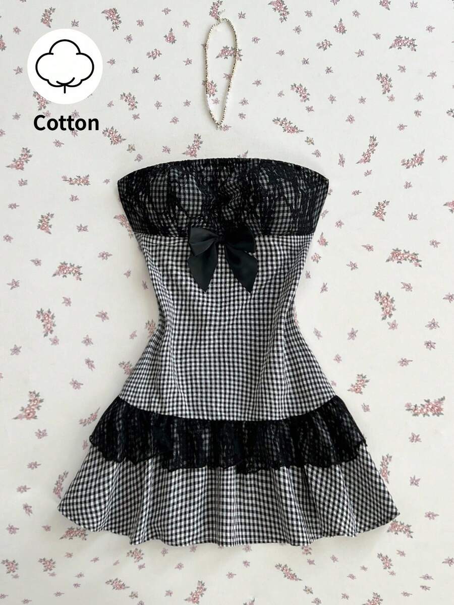 Elamini 黑白格纹棉质蕾丝拼接蝴蝶结装饰露背A字荷叶边迷你连衣裙，甜美可爱复古浪漫百搭夏季款 - 黑色 - 查看 1