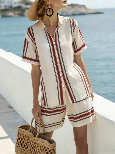 Breezaya Women's Fashionable Vacation Loose V-Neck Short Sleeve Shirt, Women's Casual Shorts, Women's Summer Casual Outfit