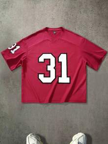 Manfinity Campus Court 男士数字印花短袖休闲T恤 - 紅色 - 查看 3