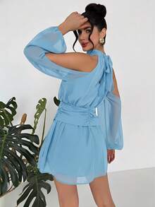 Firerie 女士雪纺优雅系带迷你连衣裙，女士约会之夜连衣裙，女士夜间外出连衣裙，女士夏季连衣裙，女士蜜月旅行装，女士婚礼宾客连衣裙 - 藍色 - 查看 9