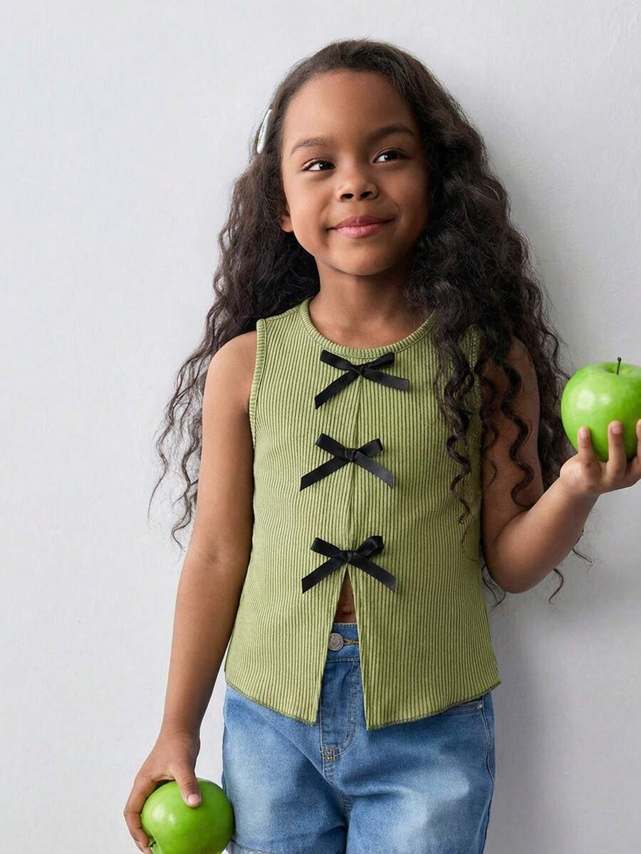 Maija Kids Maija Kids Young Girl Solid Color Round Neck Asymmetrical Hem Fitted Top - Olive Green - View 1