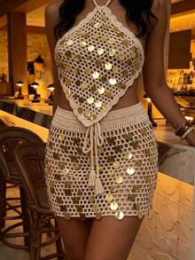 Selianne Áo khoác ngoài đi biển mùa xuân/hè mới, váy dệt kim móc đính sequin màu mơ nhạt buộc dây rút kiểu dáng thường ngày dành cho nữ. - Màu be - Xem 4