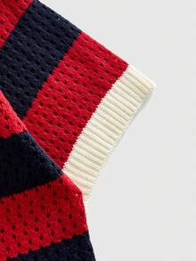 ROMWE MEN Prep Kemeja Polo Rajut Jacquard Bergaris Pria - Merah - View 4