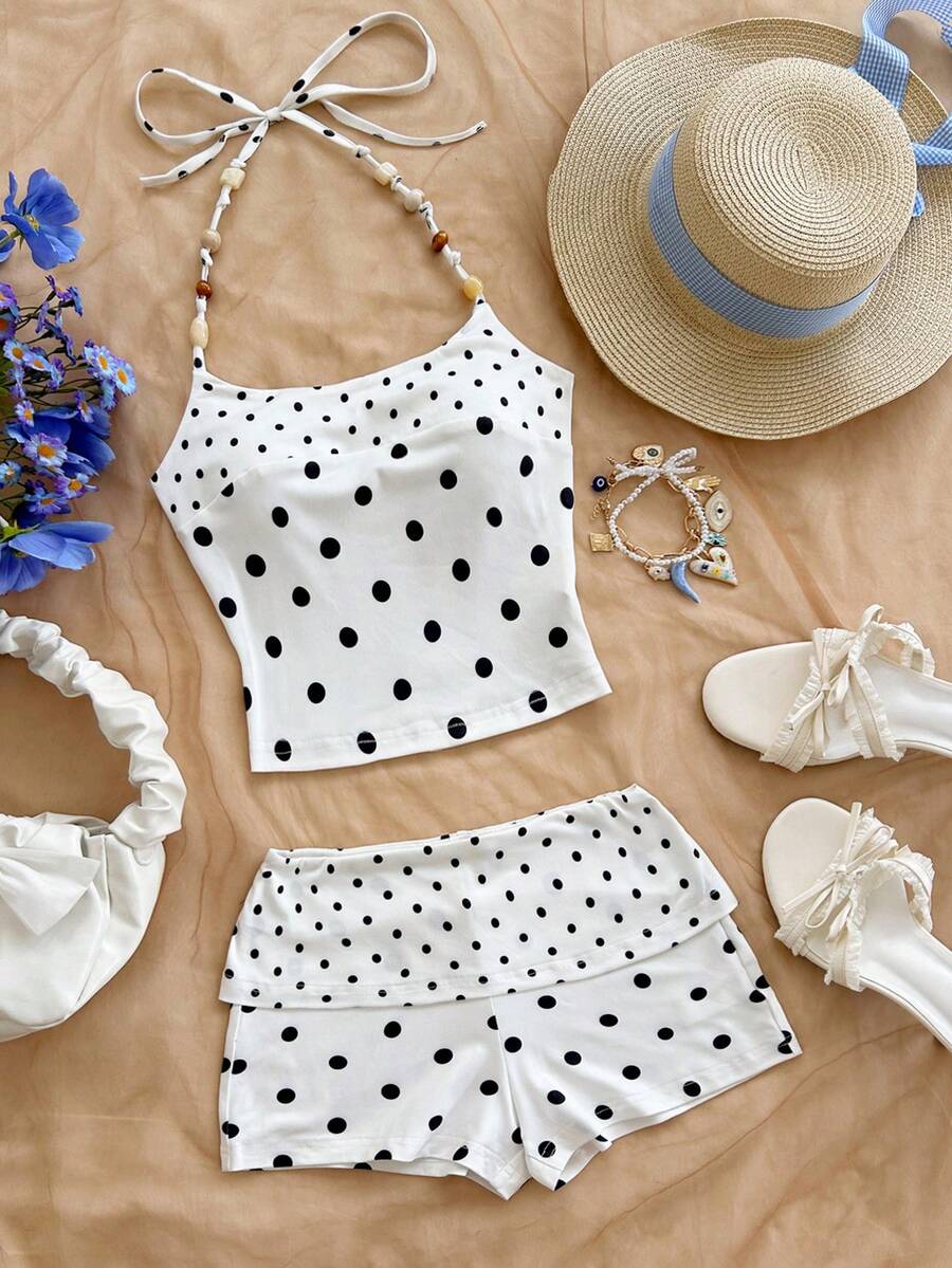 Soleia 两件套波西米亚风针织波点拼布木珠套装，适合度假、浪漫花卉派对、约会、情人节、复活节、狂欢节、下午茶、海滩、游轮、城市街头假日等场合。 - 彩色 - 查看 1