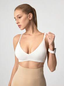Loungeista 白色女用壓力式Bralette，露背休閒設計，V領Bralette，T恤式Bralette，加墊Bralette，女用Bralettes，白色V領內衣，適合夏季 - 白色 - 查看 4