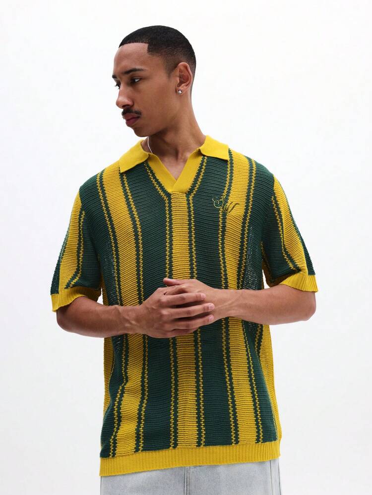 Polo a maglia a righe con vestibilità regular, ricamo del numero 07 sul retro, maniche corte, colletto, casual estivo