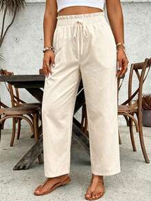 SHEIN VCAY 大码女式纯色抽绳腰休闲百搭日常裤 - 杏色 - 查看 1