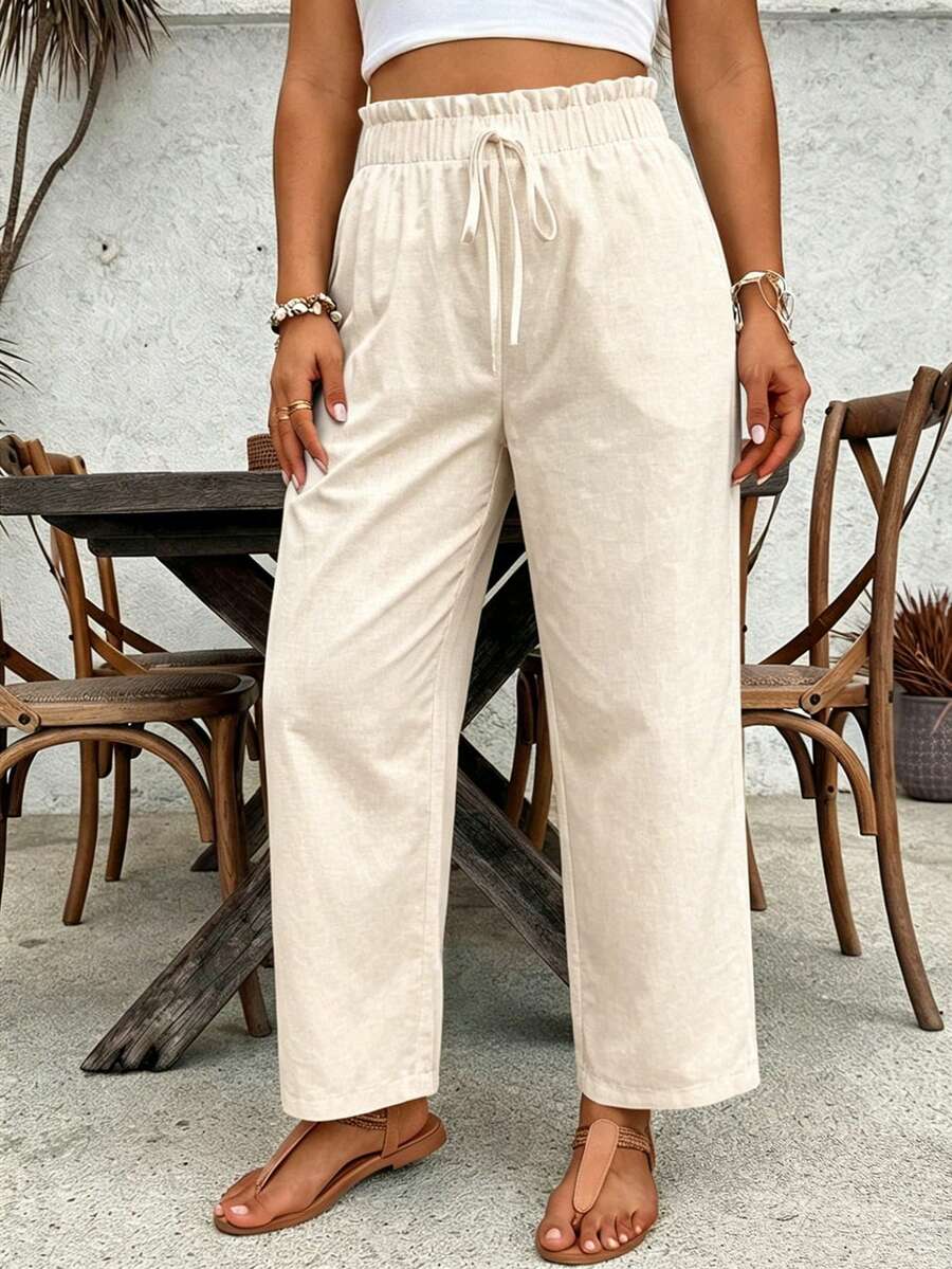 SHEIN VCAY 大码女式纯色抽绳腰休闲百搭日常裤 - 杏色 - 查看 1