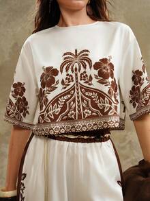Arave Bộ 2 món quần ống rộng cổ tròn in họa tiết Bohemian dành cho nữ. - Màu be - Xem 2