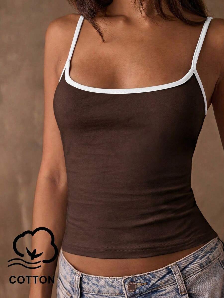 SHEIN BAE 女士夏季休闲撞色滚边吊带背心 - 咖啡棕 - 查看 1