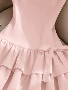 French Elegant Sleeveless Dress, Red Bow Decor Sleeveless Mini Dress, Suitable For Daily Outing, Date, Holiday - Pink - View 5