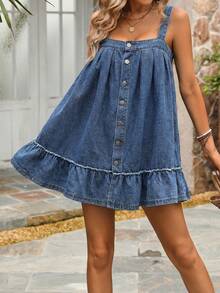 SHEIN Holidaya Đầm denim nữ dáng rộng, xếp ly, gợi cảm, thường ngày. - Rửa trung bình - Xem 4