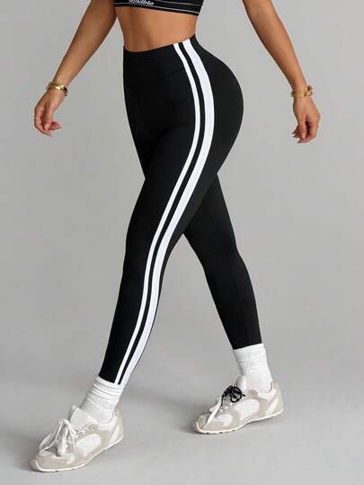 SHEIN Dewbera Quần legging thể thao yoga không đường may/Phối màu trắng tương phản ở hai bên/Chạy bộ ngoài trời/Yoga thể dục/Đạp xe/Thời trang gợi cảm/Đa năng