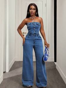 SHEIN Slayr Áo liền quần denim kiểu dáng thường ngày cài nút dành cho nữ, thích hợp cho kỳ nghỉ. - Rửa trung bình - Xem 1