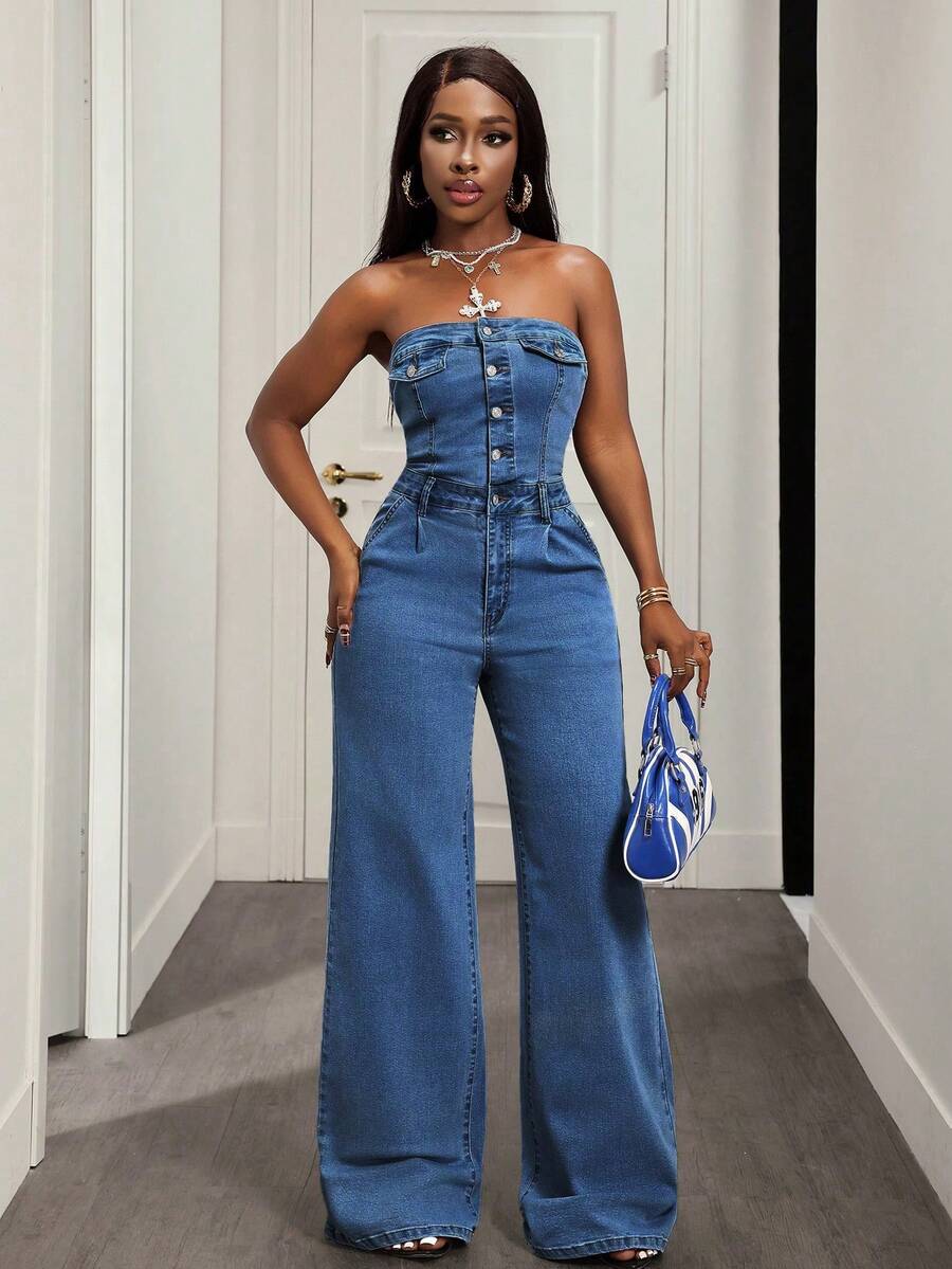 SHEIN Slayr Áo liền quần denim kiểu dáng thường ngày cài nút dành cho nữ, thích hợp cho kỳ nghỉ. - Rửa trung bình - Xem 1