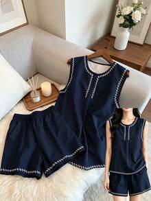 Franclia 女士优雅休闲简约印花纯色无袖上衣+短裤两件套 - 藏蓝色 - 查看 9