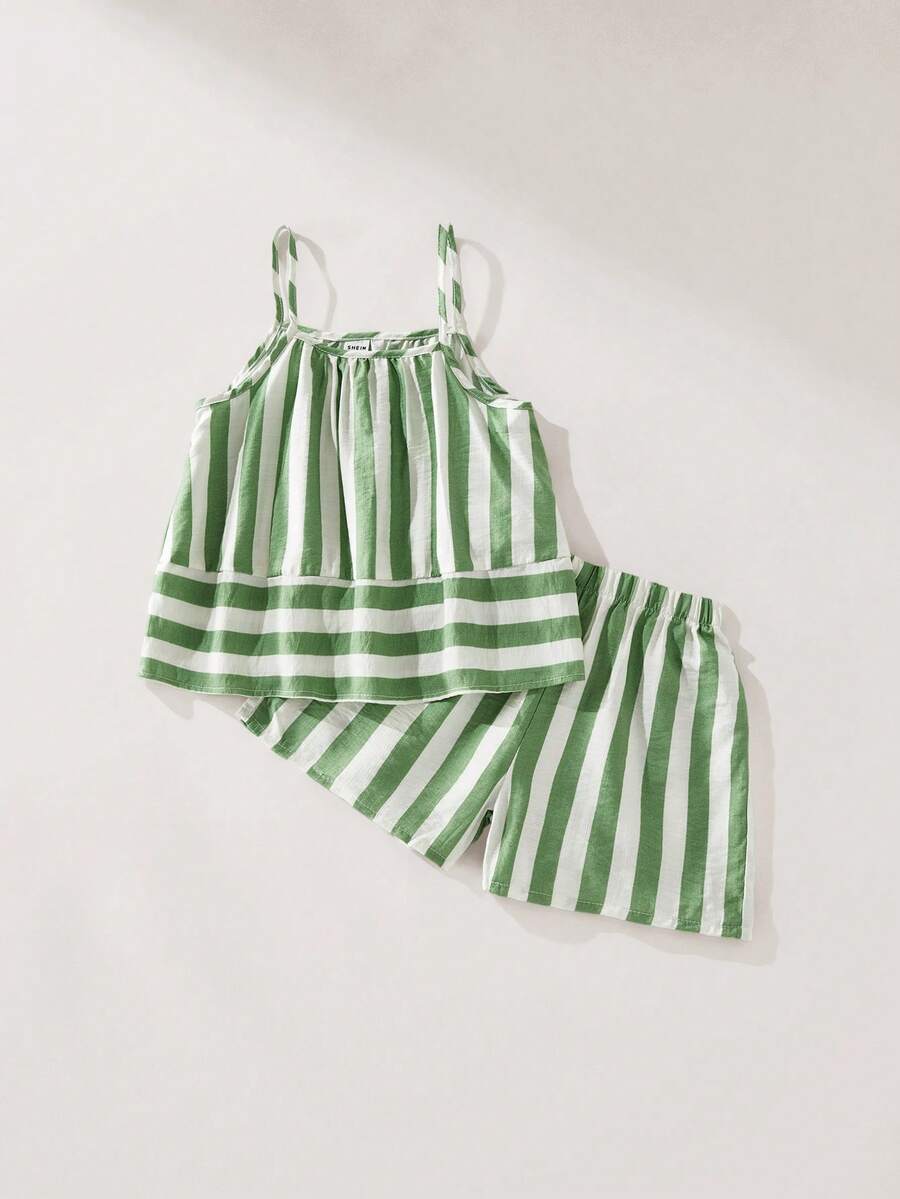 SHEIN Bộ áo hai dây và quần short kẻ sọc cho bé gái (cỡ nhỏ) - màu xanh lá - Xem 1