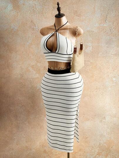 Mistrie 女士夏季套装、春季服装、假日派对沙滩装、优雅套装、休闲连衣裙、度假套装、海滩度假装、夏季套装 - 吊带背心、条纹高开衩裙