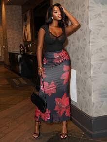 Chea Andrea 女士全印花褶皱A字半身裙，休闲度假秋季款 - 黑色 - 查看 3