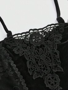 ROMWE Goth Spring/Summer Plus Size Y2K Sexy Velvet & Contrast Lace Camisole, Dark Halloween Style - Black - View 3