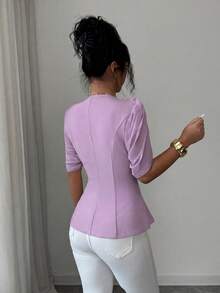 SHEIN Elenzya 女士优雅浪漫修身西装外套，V领设计，褶裥收腰 - 淡紫色 - 查看 2