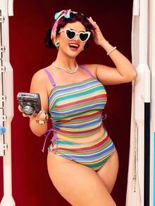 Swim Vcay Plus Size Colorblock Striped Print Drawstring Tie-Front Tankini Swimsuit Set - Multicolor - View 1