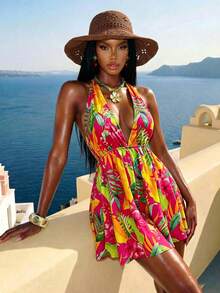 Vaytide Women's Spring/Summer Printed Halter Waist-Cinched Wide-Leg Shorts Jumpsuit With Cover-Up - Red - View 2
