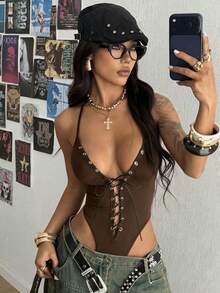 StreetHx Áo liền thân nữ màu đen gợi cảm, cổ chữ V sâu, họa tiết dây thừng trang trí, kiểu dáng tối giản, buộc dây. - màu nâu - Xem 6