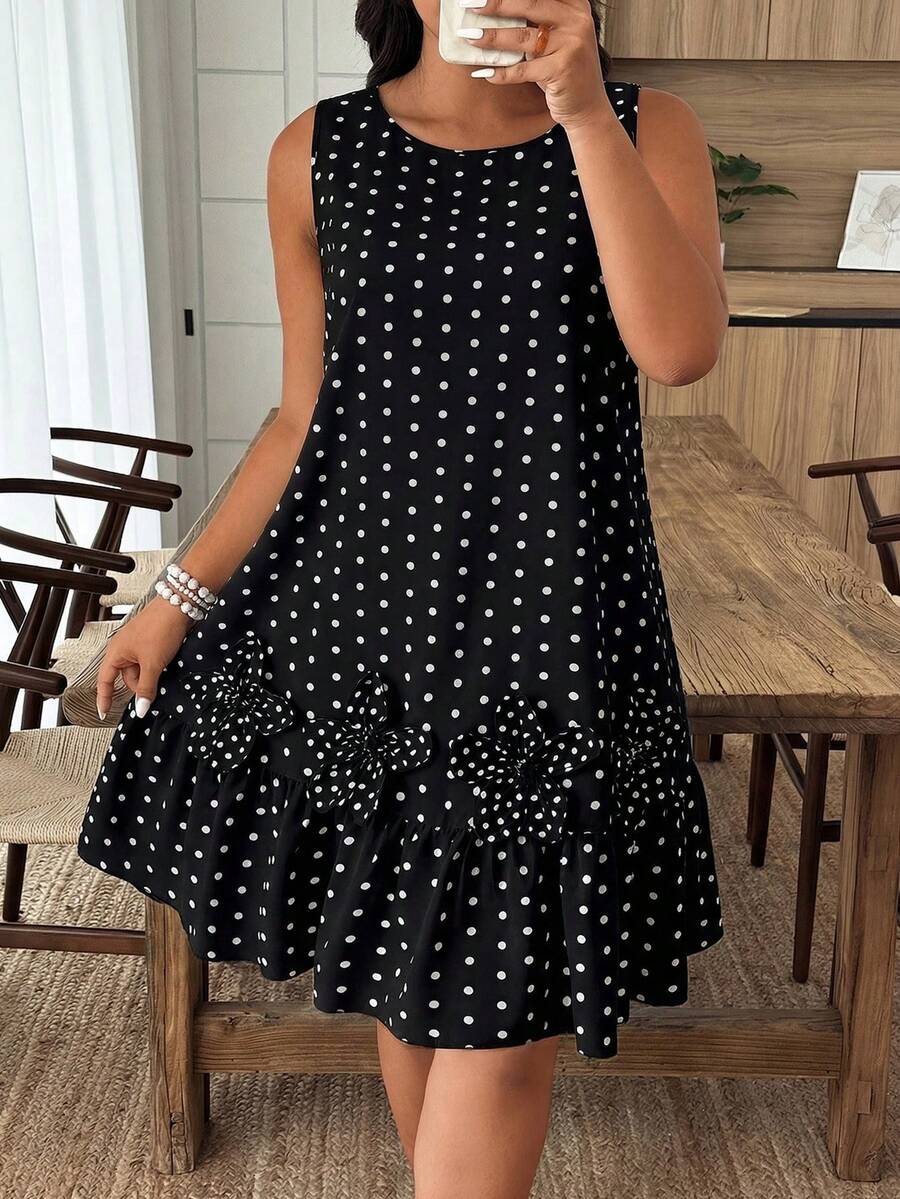 Weeklong Plus Size Women's Casual A-Line Dress With Polka Dot Print And 3D Floral Decor, Spring/Summer - Multicolor - View 1