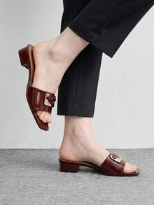 CUCCOO BIZCHIC Light Luxury Metal Buckle Square Slippers, Thick Heels Are Not Tired, And Sandals Are Worn Outside In Summer. Summer Shoes - Burgundy - View 5