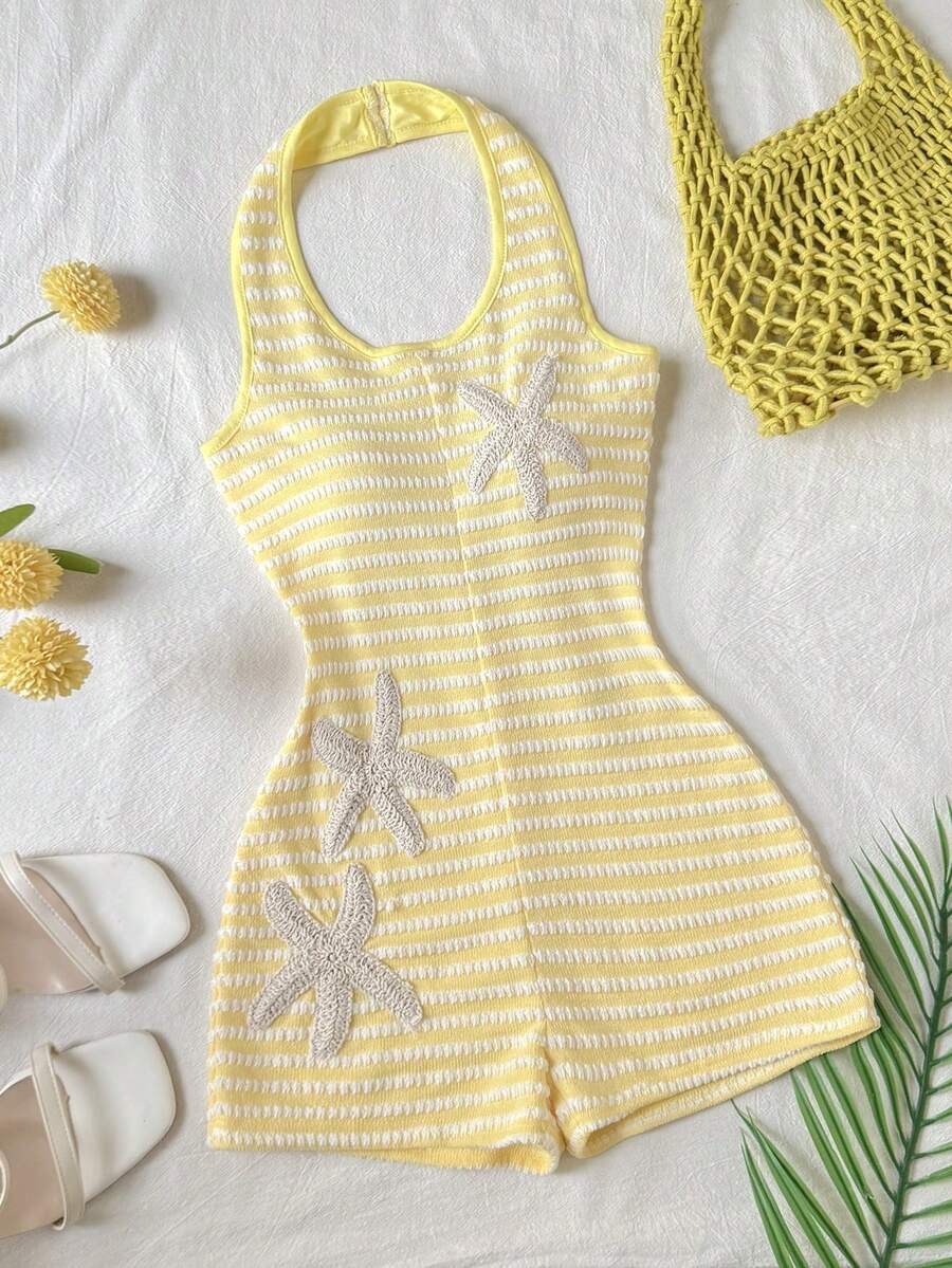 SHEIN Tween Girl Fitted Casual Halter Neck Striped Jumpsuit - Yellow - View 1