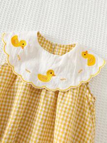 Cozy Pixies Baby Girl Cartoon Duck Pattern Contrast Color Lapel Sleeveless Romper - Yellow - View 4