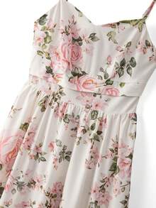 Romantisches Damen-Maxikleid mit französischem Rosenblumenmuster, ärmellos, V-Ausschnitt, geraffte Taille, geeignet für Strandurlaub, Landleben, Dates - Verschiedenfarbig - Übersicht 2