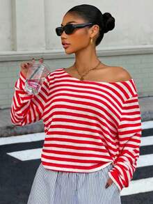Muchica Women's Summer New Red And White Striped Loose Off-Shoulder Long Sleeve Cropped T-Shirt European Outfits Women Sailor Style Top Top Nautical Outfits For Women Long Sleeve Cute Outfits Women Boatneck Top Nautical Clothing For Women Outfits For Women Boat Neck Top Women Everyday French Style - Hot Pink - View 5