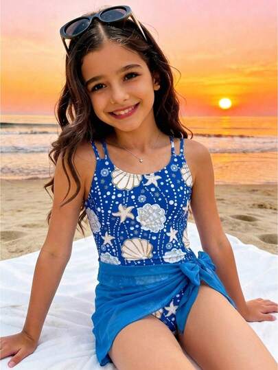 SHEIN Young Girl's Blue & White Ditsy Floral Bowknot Decor Casual Romper With Cover-Up Skirt