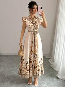 Vestido bohemio informal de vacaciones con estampado floral, cuello, sin mangas, cinturón de cintura, nudo y dobladillo con volantes - Albaricoque - Ver 4