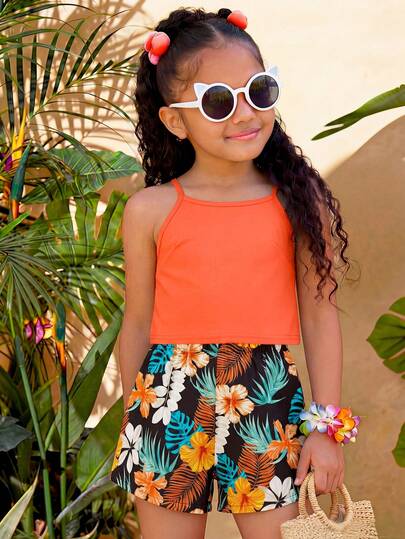 两件套，适合8-12岁女孩，热带度假/清新活力纯色吊带背心+热带印花短裤，轻盈吸睛的T恤套装，适合日常穿着、海滩度假、上学、儿童节、春夏秋季。