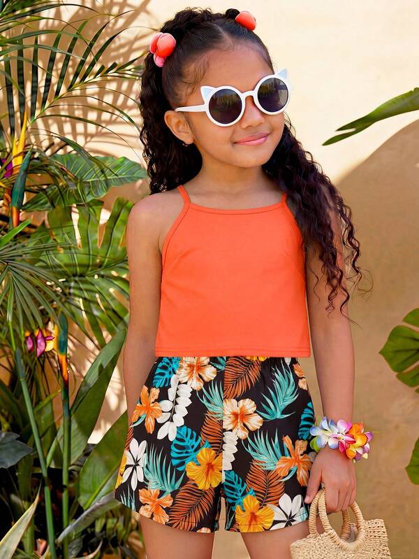 两件套，适合8-12岁女孩，热带度假/清新活力纯色吊带背心+热带印花短裤，轻盈吸睛的T恤套装，适合日常穿着、海滩度假、上学、儿童节、春夏秋季。