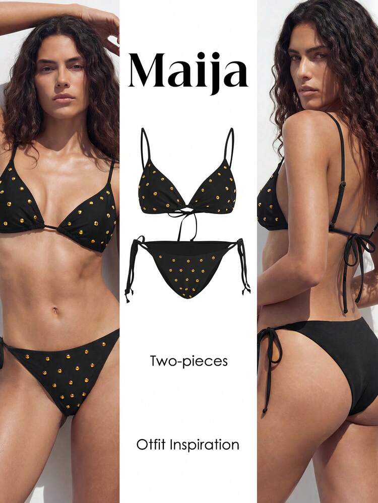 SHEIN Maija 2pcs Women's Casual Vacation Style Printed Triangle Cup Bikini Top And High Waist Bikini Bottom Bikini Set For Women Black Studded Bikini Tie Side Bikini Triangle Bikini Set Black Bikini Women's Bikini Sets Women's 2 Pieces Swimsuits Tie Side Bikini Bottoms Bikini With Studs Beach Vacation Outfits For Women