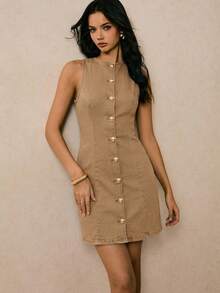 Poéselle Women's Sommer Casual Front Button Sleeveless Denim Dress Everyday Khaki - Khaki - View 7