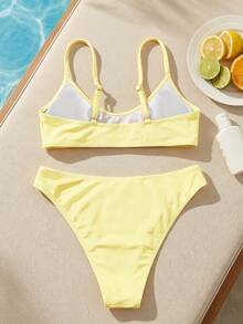 SHEIN Swim 2件套女士时尚可爱度假性感沙滩/泳池/派对纯色可调节细肩带超细比基尼上衣和下装泳衣套装 - 黃色 - 查看 2