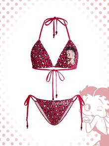 Betty Boop | ROMWE Leopard Print Halter Bra And Panty Lingerie Set - Hot Pink - View 1